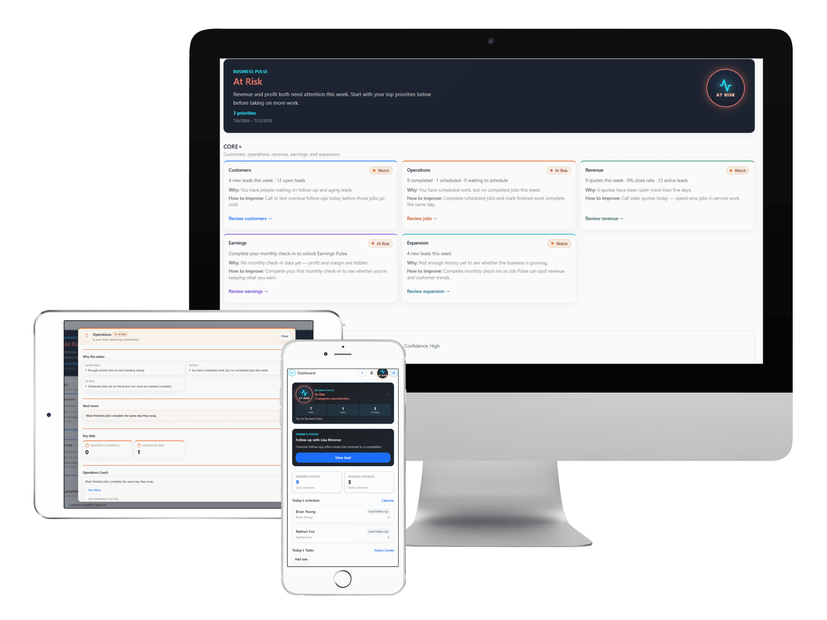 Job Pulse Business Pulse on desktop, tablet, and phone showing health status and today’s focus