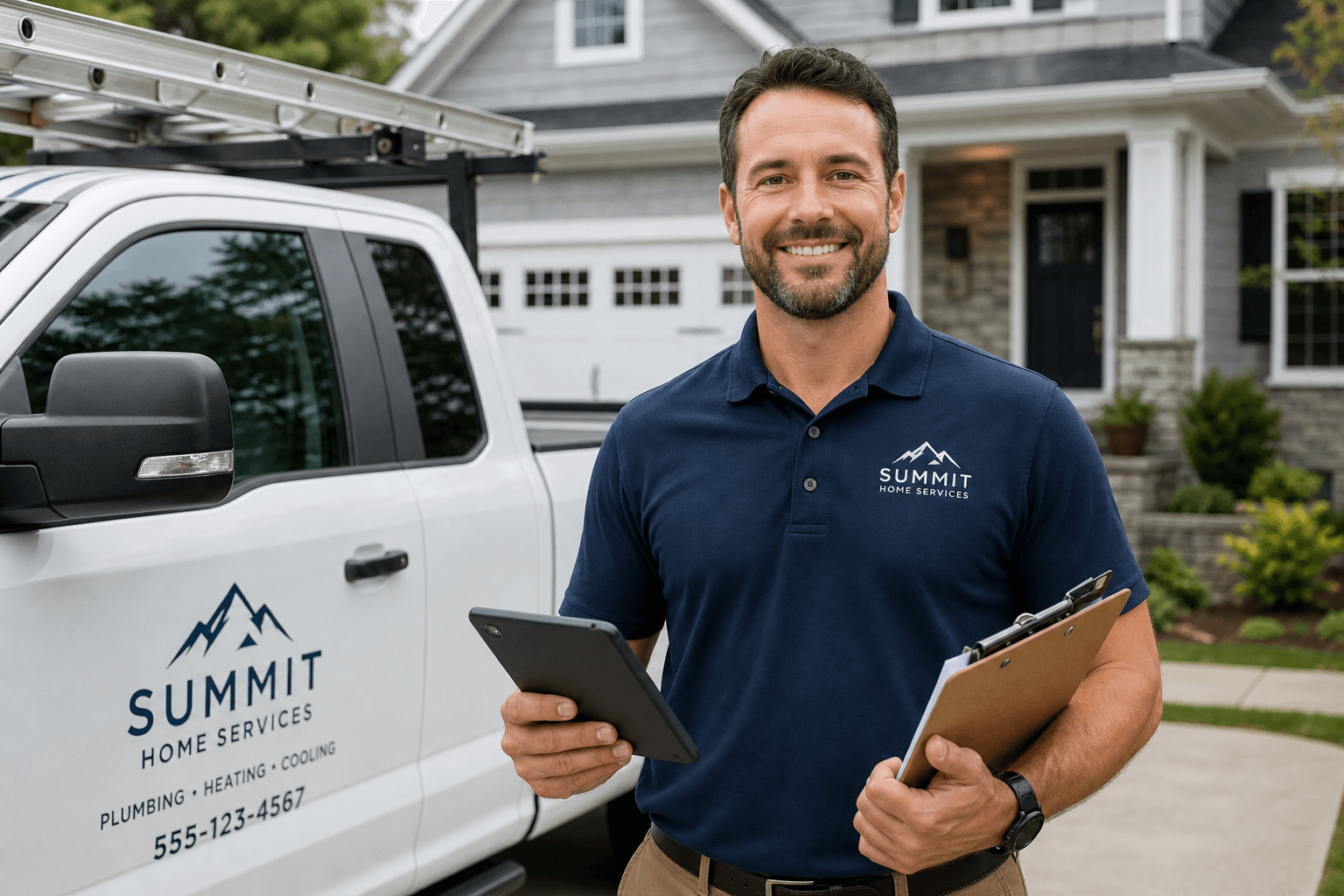 Friendly home service technician with a tablet and clipboard beside a branded work truck